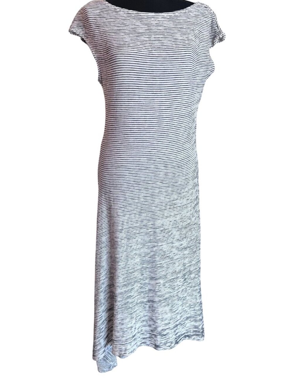 Max Studio Striped Textured Knit Asymmetrical Dress Cap Sleeve Midi Bateau Neck